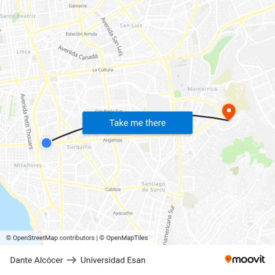 Dante Alcócer to Universidad Esan map