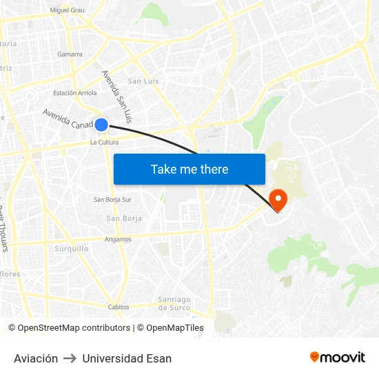 Aviación to Universidad Esan map