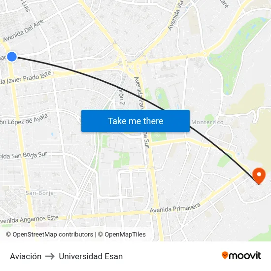 Aviación to Universidad Esan map
