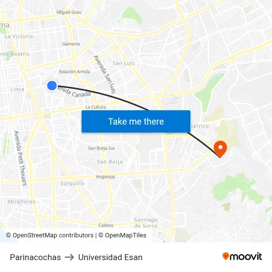 Parinacochas to Universidad Esan map