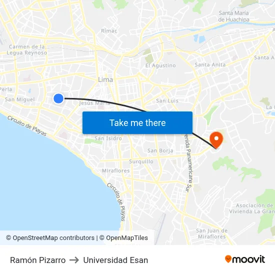 Ramón Pizarro to Universidad Esan map