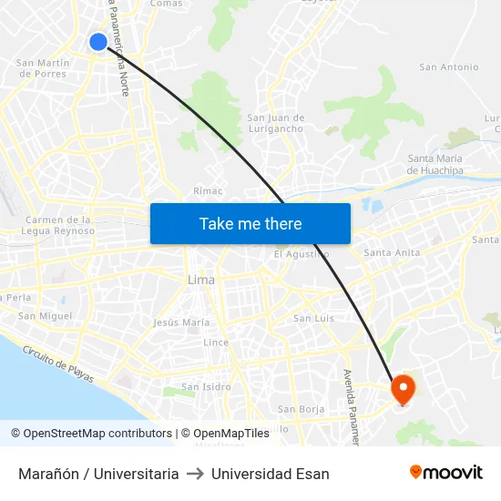 Marañón / Universitaria to Universidad Esan map