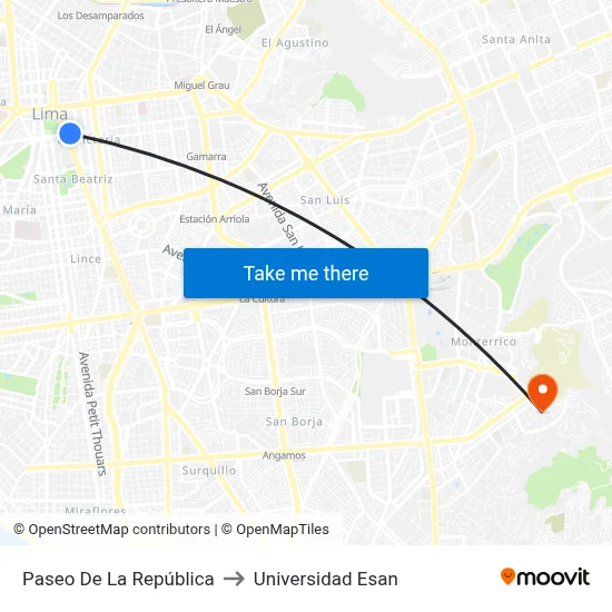 Paseo De La República to Universidad Esan map