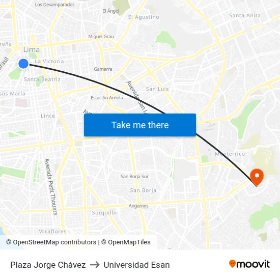 Plaza Jorge Chávez to Universidad Esan map