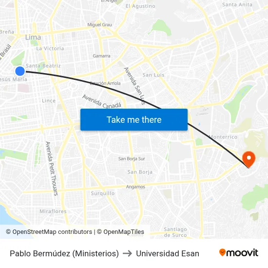 Pablo Bermúdez (Ministerios) to Universidad Esan map
