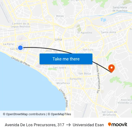 Avenida De Los Precursores, 317 to Universidad Esan map