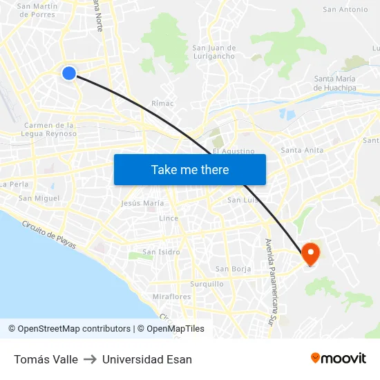 Tomás Valle to Universidad Esan map