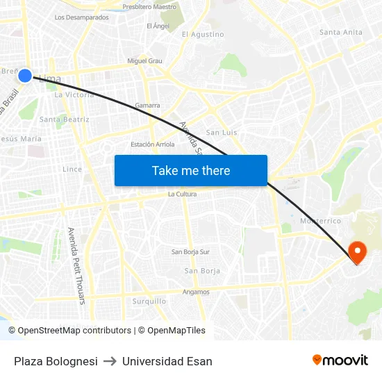 Plaza Bolognesi to Universidad Esan map