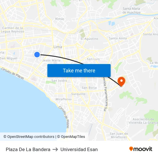 Plaza De La Bandera to Universidad Esan map