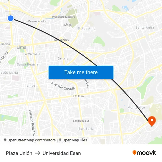 Plaza Unión to Universidad Esan map