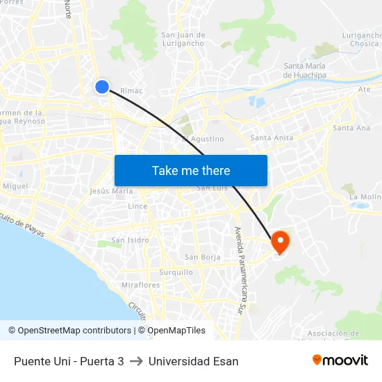 Puente Uni - Puerta 3 to Universidad Esan map