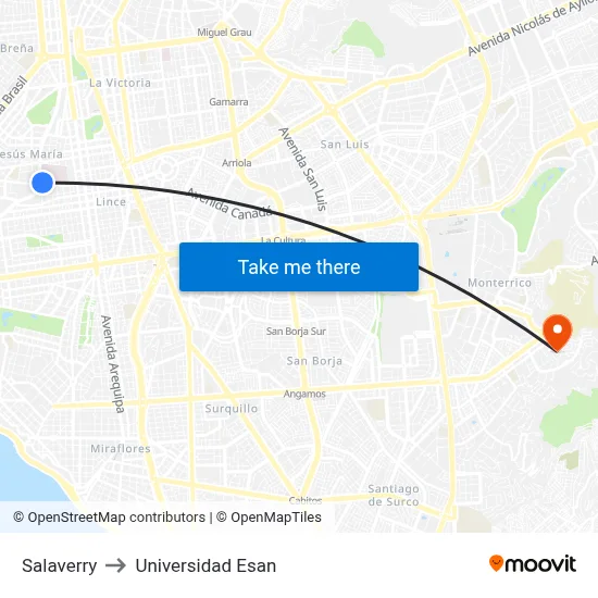 Salaverry to Universidad Esan map