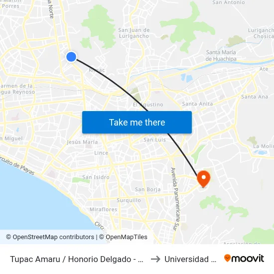 Tupac Amaru / Honorio Delgado - Puerta 5 to Universidad Esan map