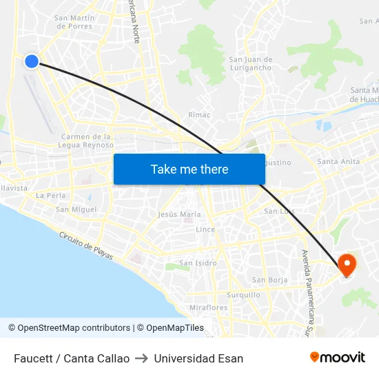 Faucett / Canta Callao to Universidad Esan map