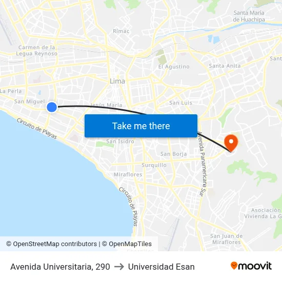 Avenida Universitaria, 290 to Universidad Esan map