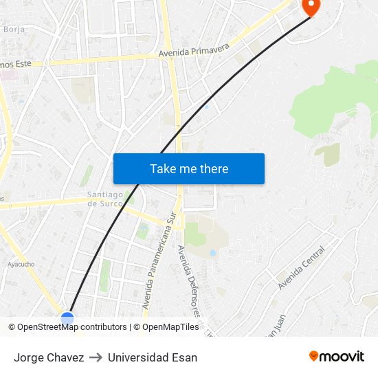 Jorge Chavez to Universidad Esan map