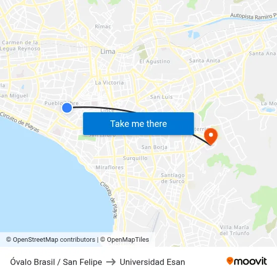 Óvalo Brasil / San Felipe to Universidad Esan map