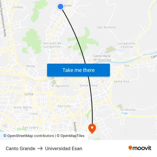 Canto Grande to Universidad Esan map