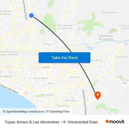 Tupac Amaru & Las Almendras to Universidad Esan map