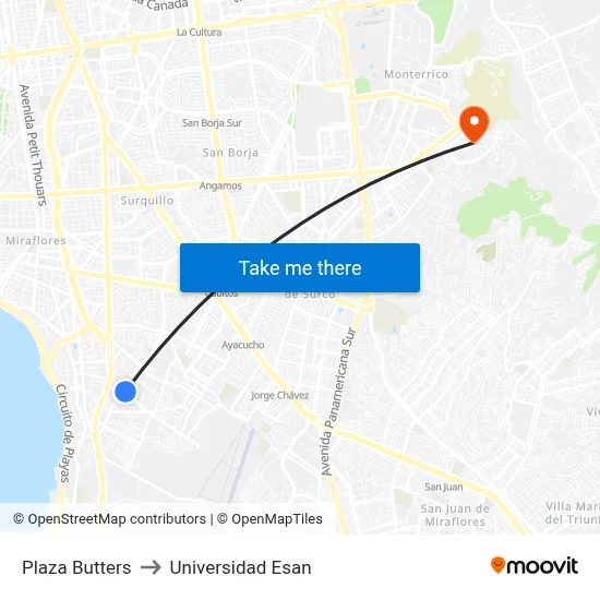 Plaza Butters to Universidad Esan map