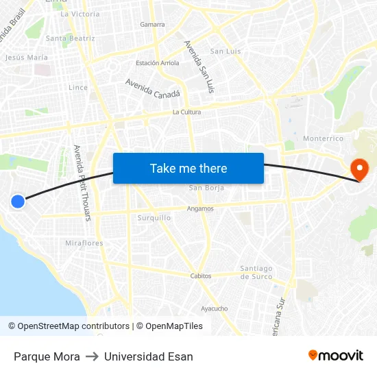 Parque Mora to Universidad Esan map