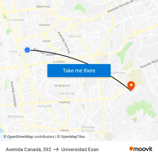 Avenida Canadá, 392 to Universidad Esan map