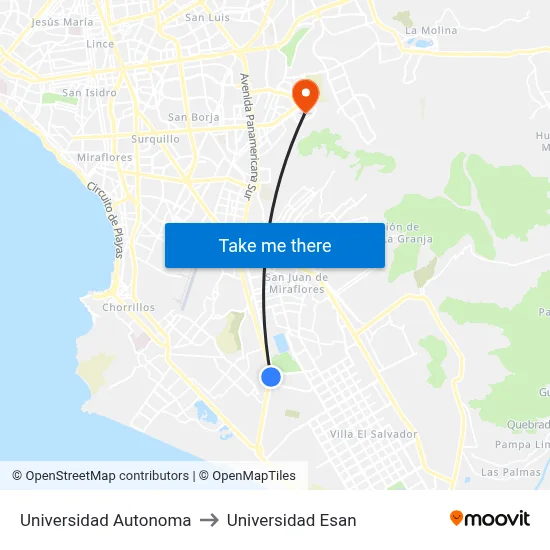 Universidad Autonoma to Universidad Esan map