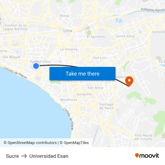 Sucre to Universidad Esan map