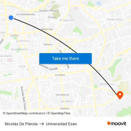 Nicolás De Piérola to Universidad Esan map