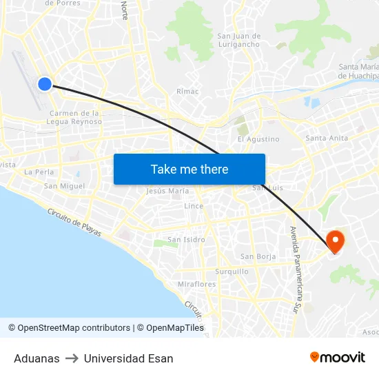 Aduanas to Universidad Esan map