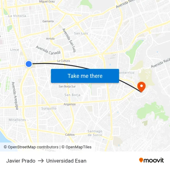 Javier Prado to Universidad Esan map