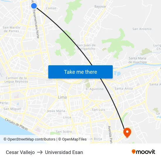 Cesar Vallejo to Universidad Esan map