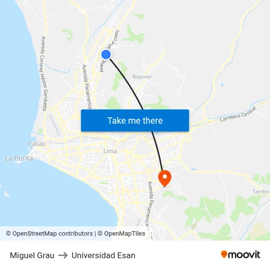 Miguel Grau to Universidad Esan map