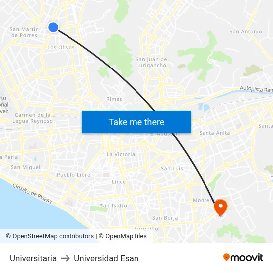 Universitaria to Universidad Esan map