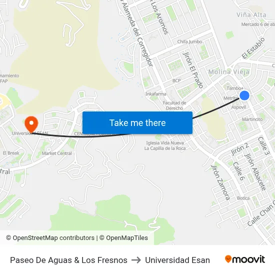Paseo De Aguas & Los Fresnos to Universidad Esan map