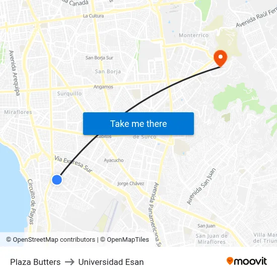 Plaza Butters to Universidad Esan map