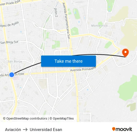 Aviación to Universidad Esan map