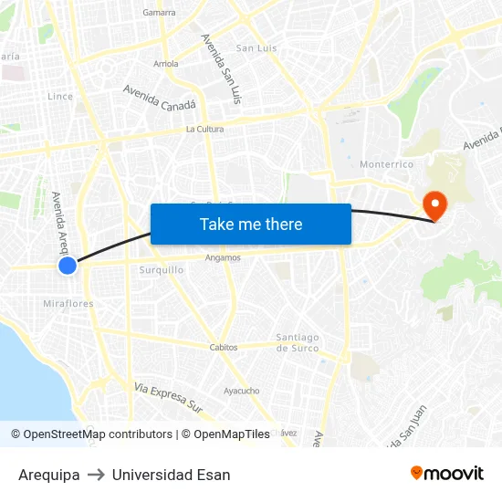 Arequipa to Universidad Esan map