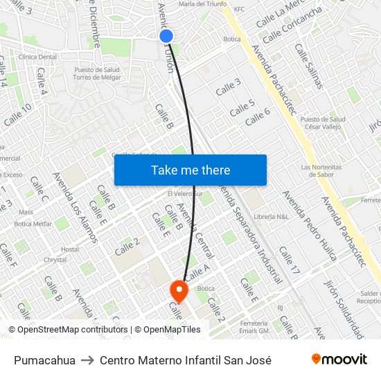 Pumacahua to Centro Materno Infantil San José map