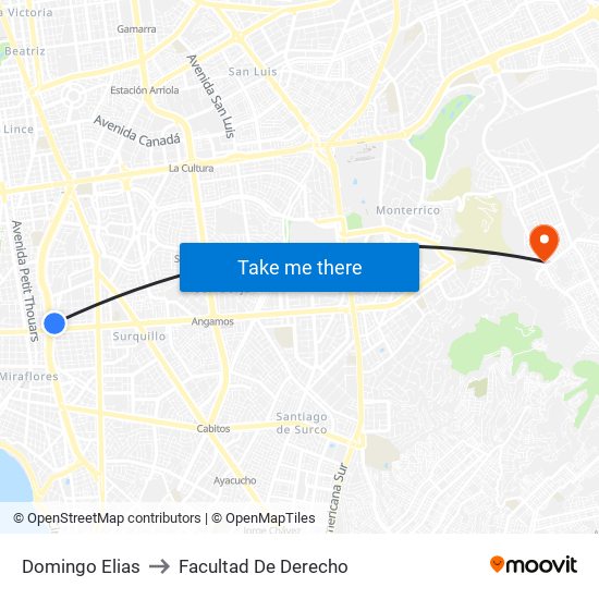 Domingo Elias to Facultad De Derecho map