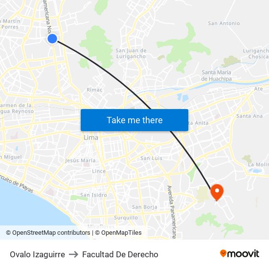 Ovalo Izaguirre to Facultad De Derecho map