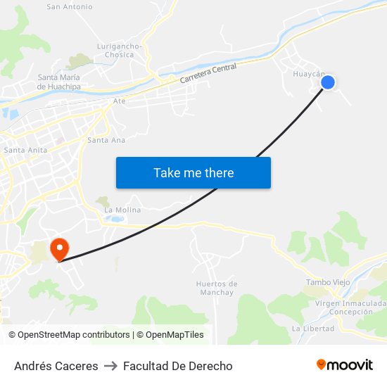 Andrés Caceres to Facultad De Derecho map