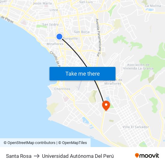 Santa Rosa to Universidad Autónoma Del Perú map