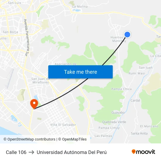 Calle 106 to Universidad Autónoma Del Perú map