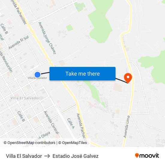 Villa El Salvador to Estadio José Galvez map