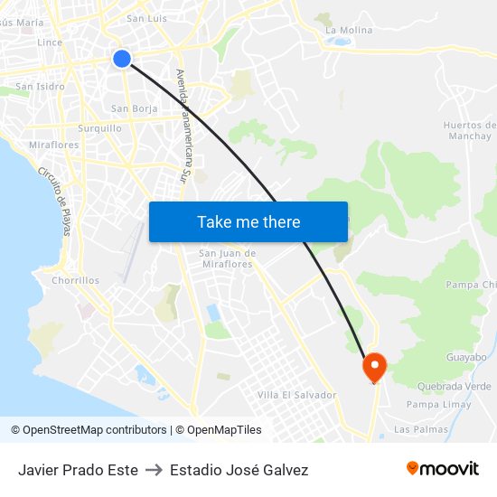 Javier Prado Este to Estadio José Galvez map