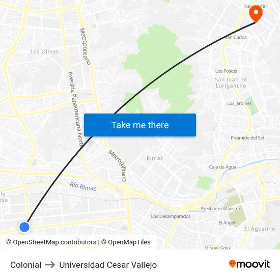 Colonial to Universidad Cesar Vallejo map