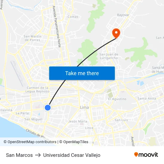 San Marcos to Universidad Cesar Vallejo map