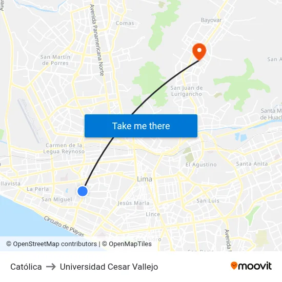 Católica to Universidad Cesar Vallejo map