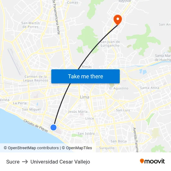 Sucre to Universidad Cesar Vallejo map